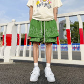 Hearujoy European and American Street Trendy Flame Embroidery Oversize Shorts Mesh Double Layer Breathable Joggers Shorts Beach Pants